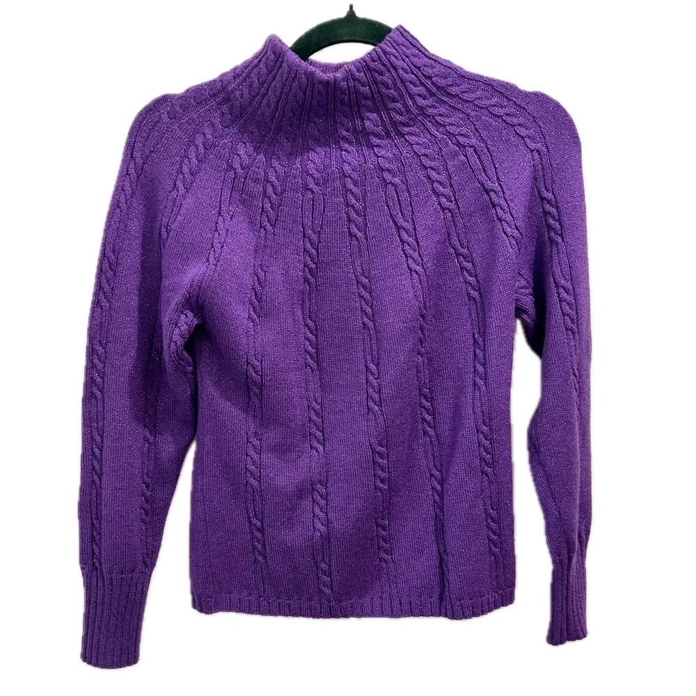 Escada Wool Sweater 36 6 Purple Metallic cable knit mock neck - Picture 2 of 10